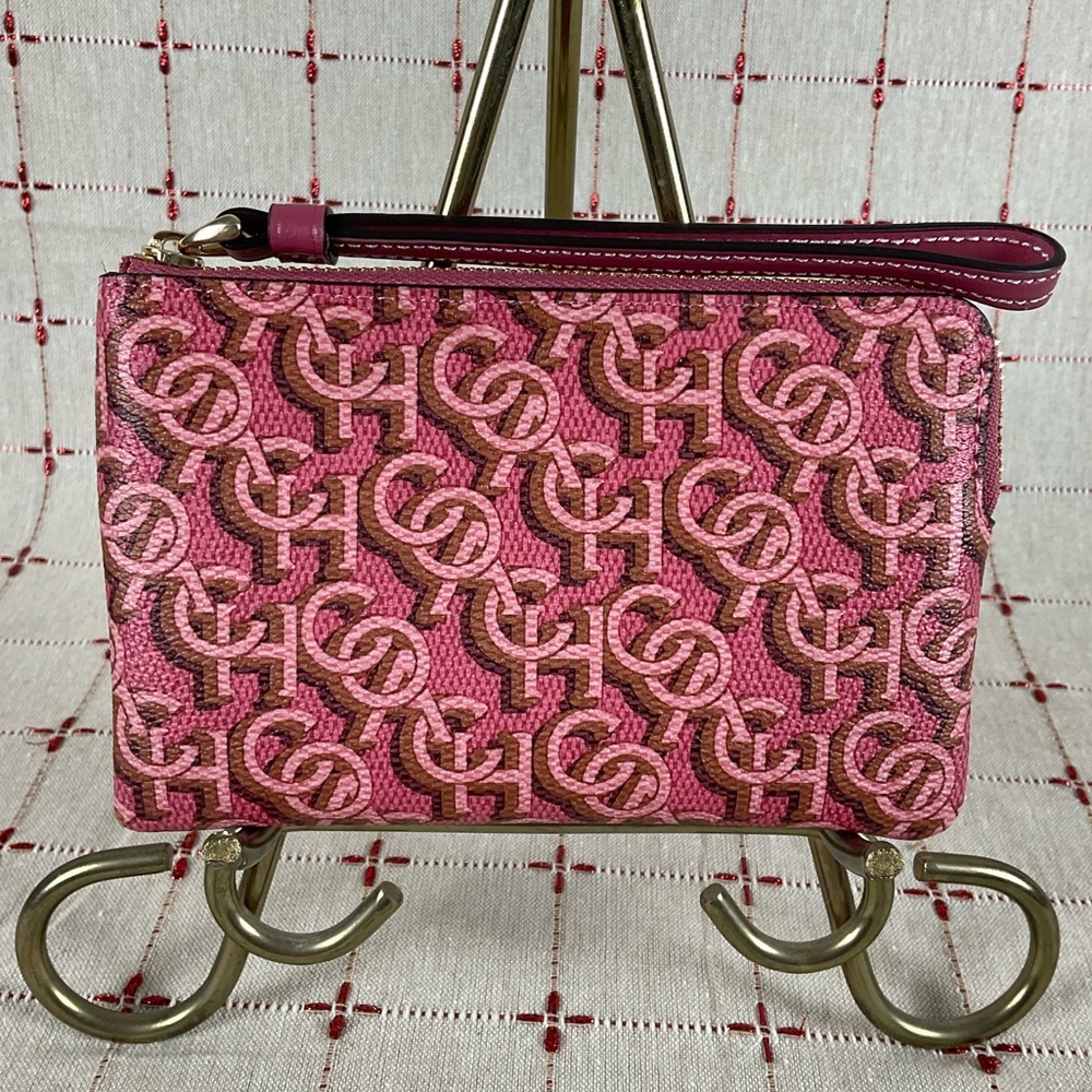 COACH Canvas & Leather Corner Zip Wristlet Small Wallet Clutch CF548 Pink Gold - Picture 2 of 5